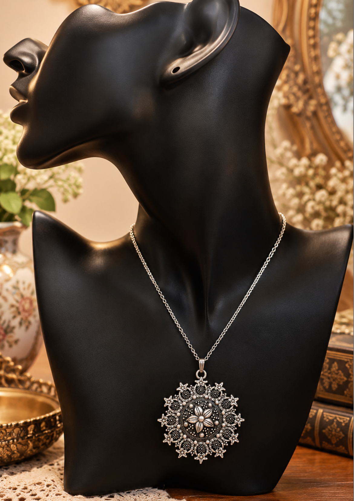 Ornate silver-tone mandala pendant necklace