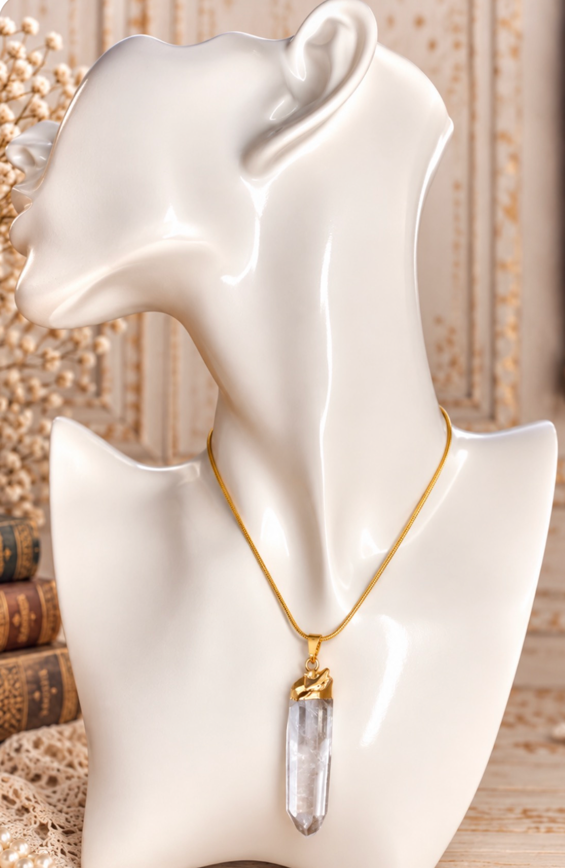 Gold-dipped natural quartz crystal point necklace No. 12
