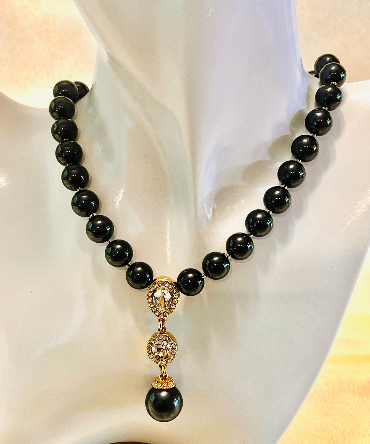Midnight Pearl Drop Necklace with Crystal Pendant