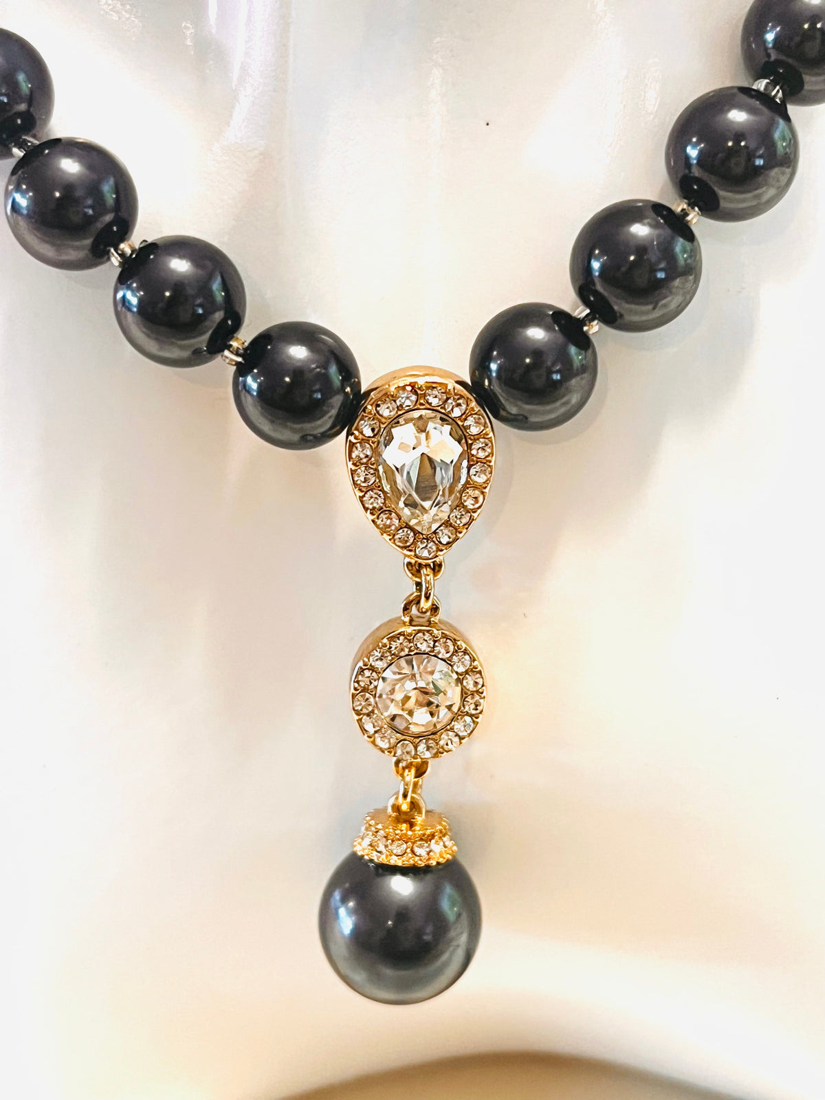 Midnight Pearl Drop Necklace with Crystal Pendant