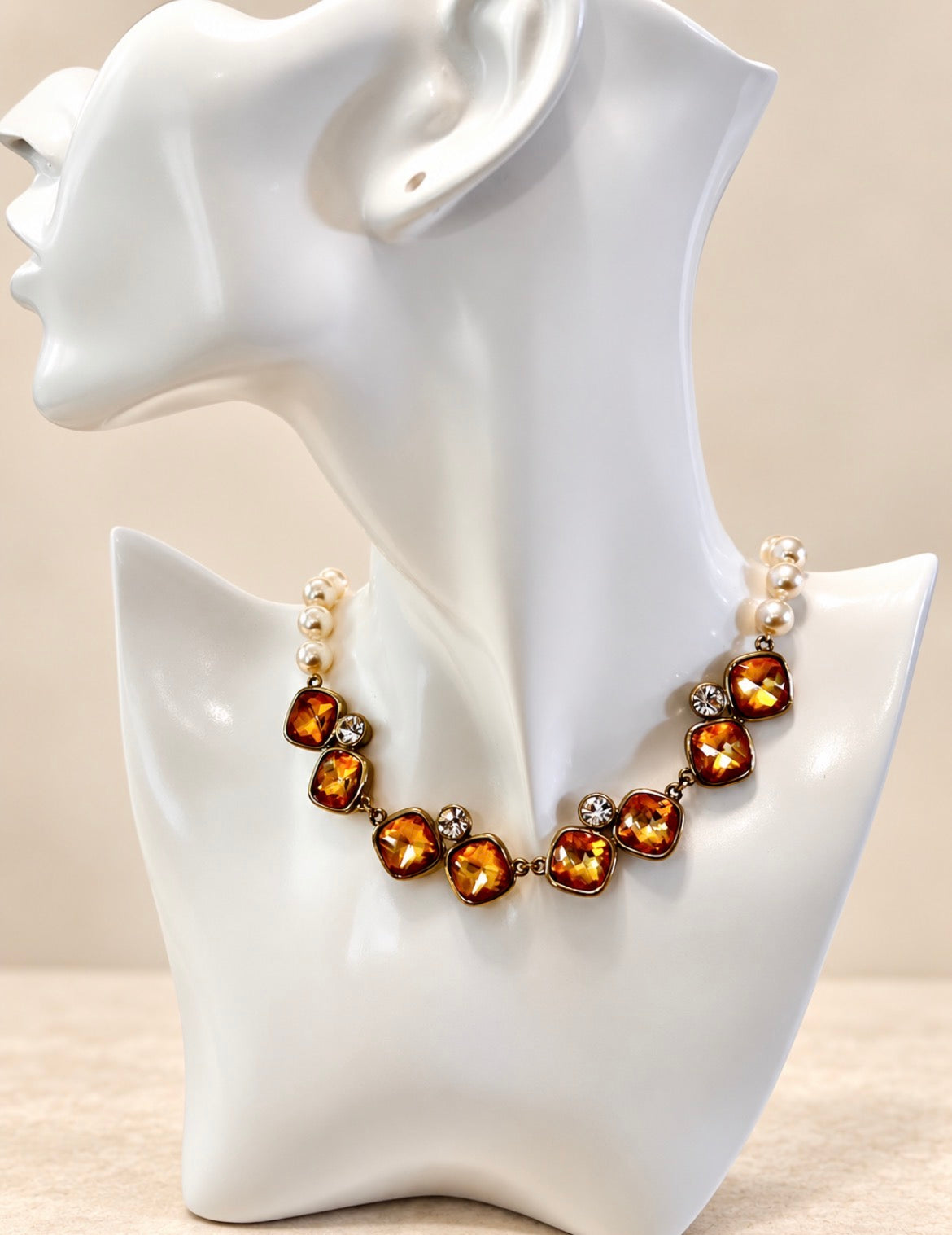 Amber & Pearl Necklace Vintage Inspired