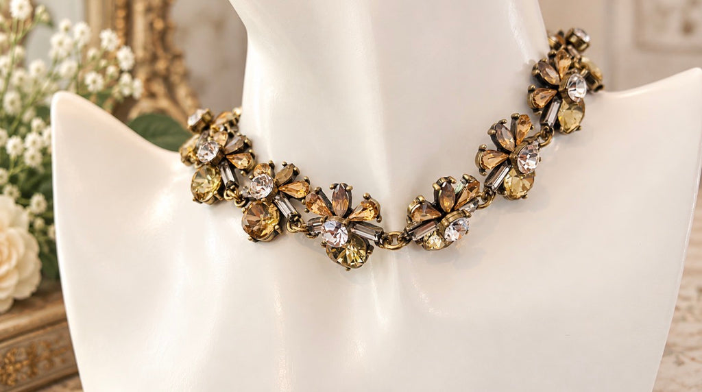 Vintage Style Champagne Crystal Floral Statement Necklace