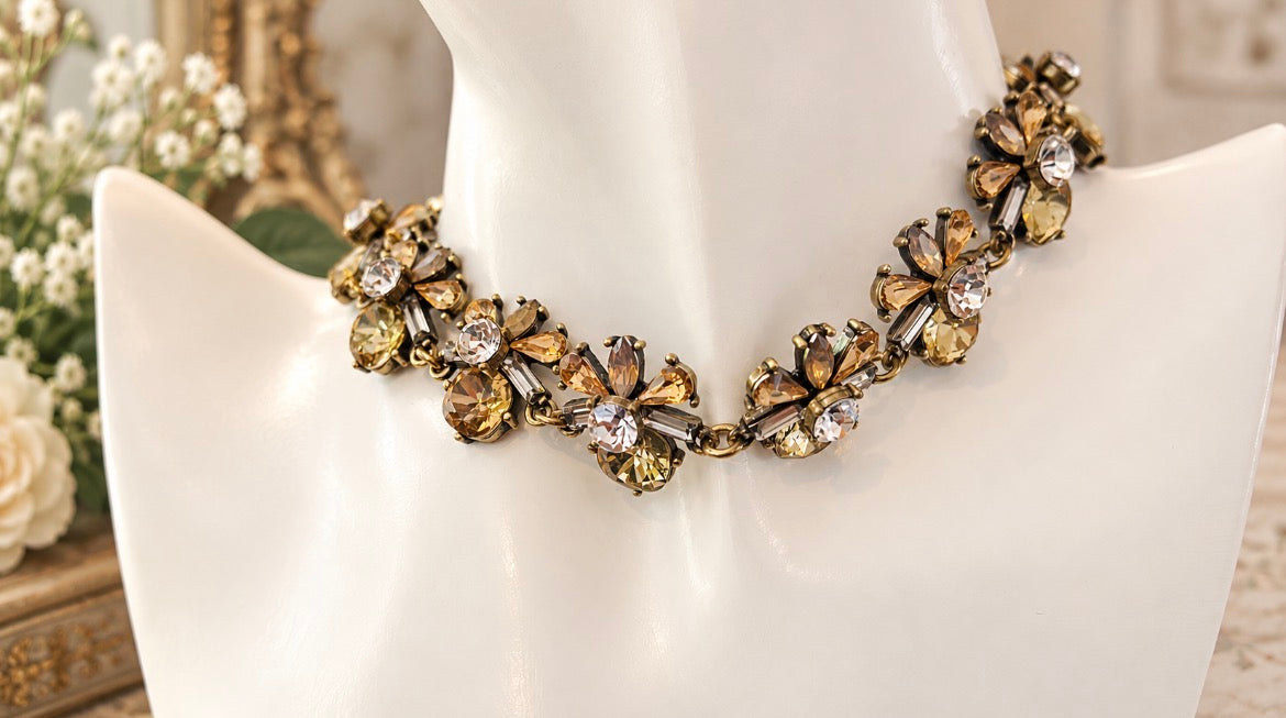 Vintage Style Champagne Crystal Floral Statement Necklace