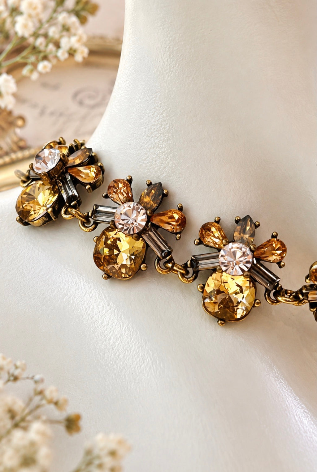Vintage Style Champagne Crystal Floral Statement Necklace