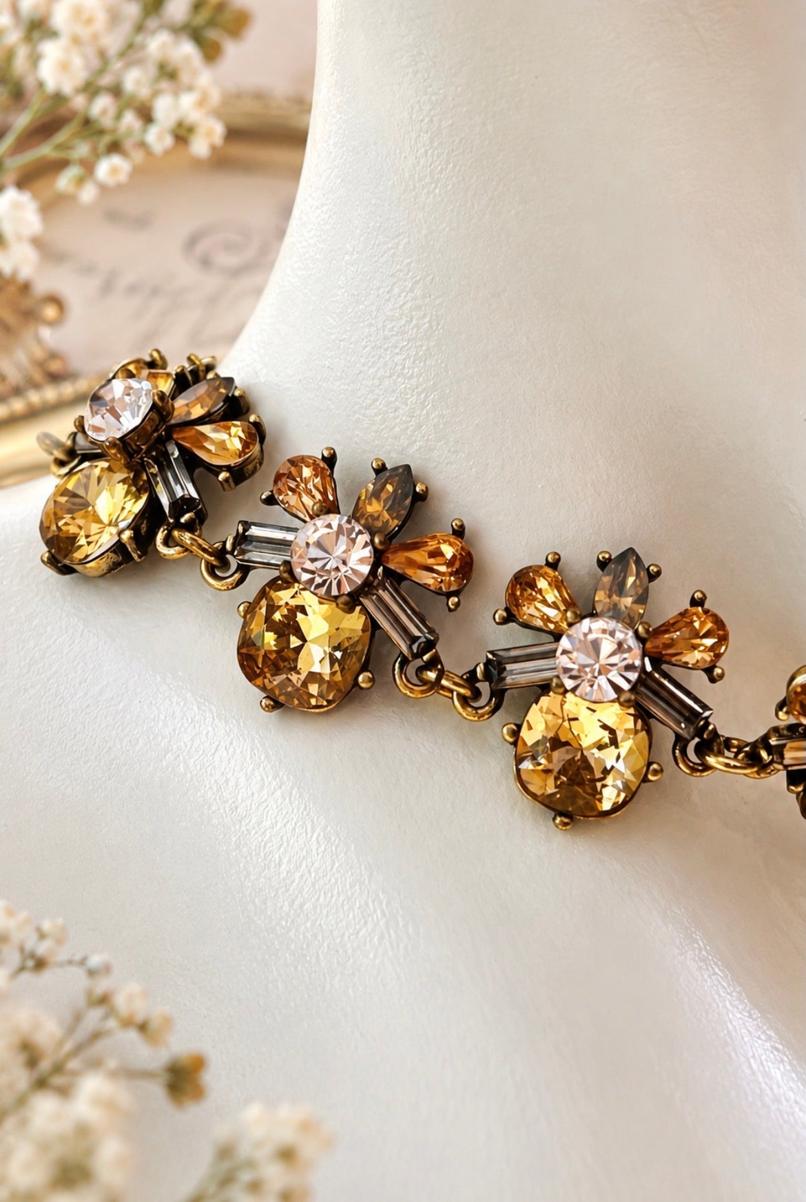 Vintage Style Champagne Crystal Floral Statement Necklace