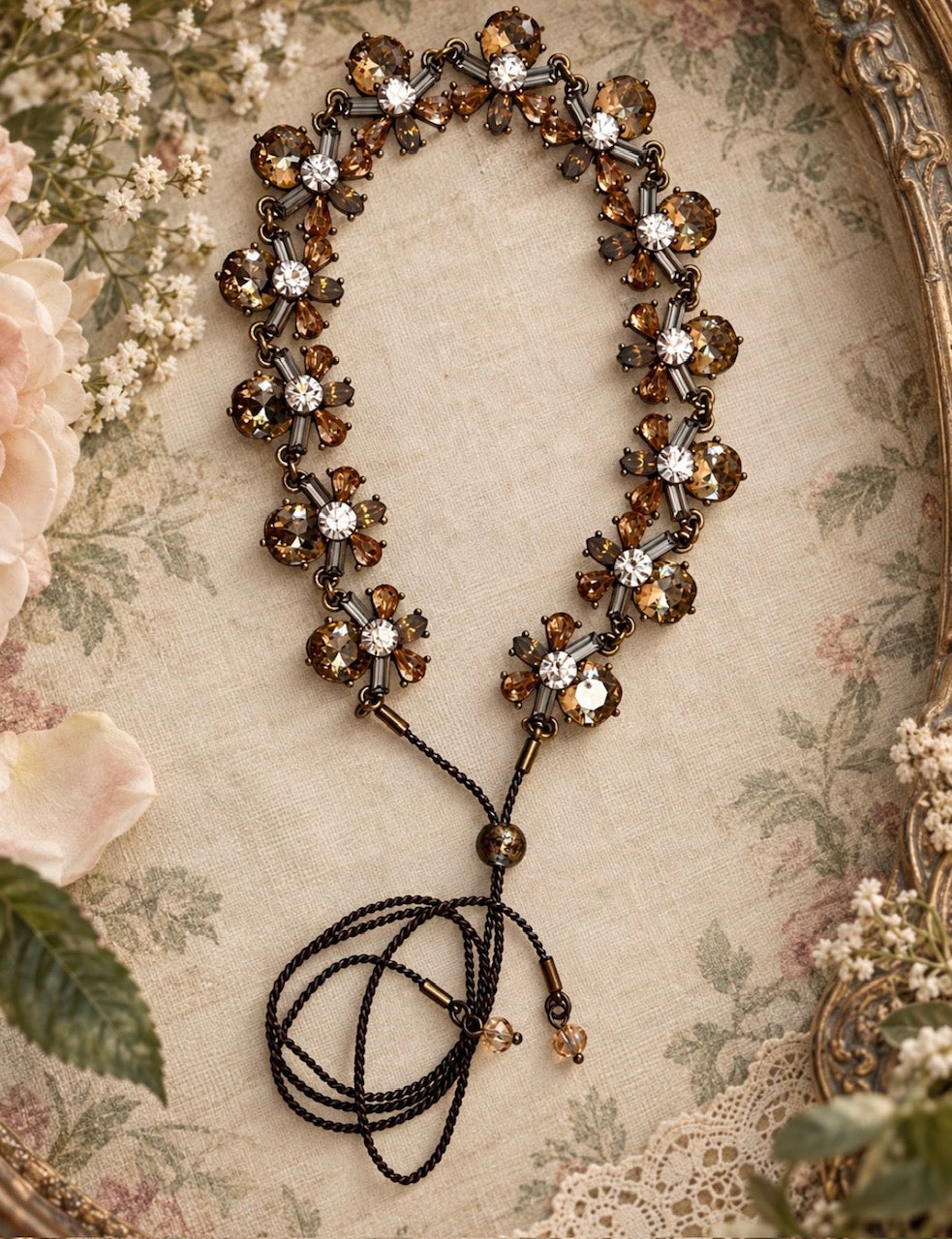 Vintage Style Champagne Crystal Floral Statement Necklace