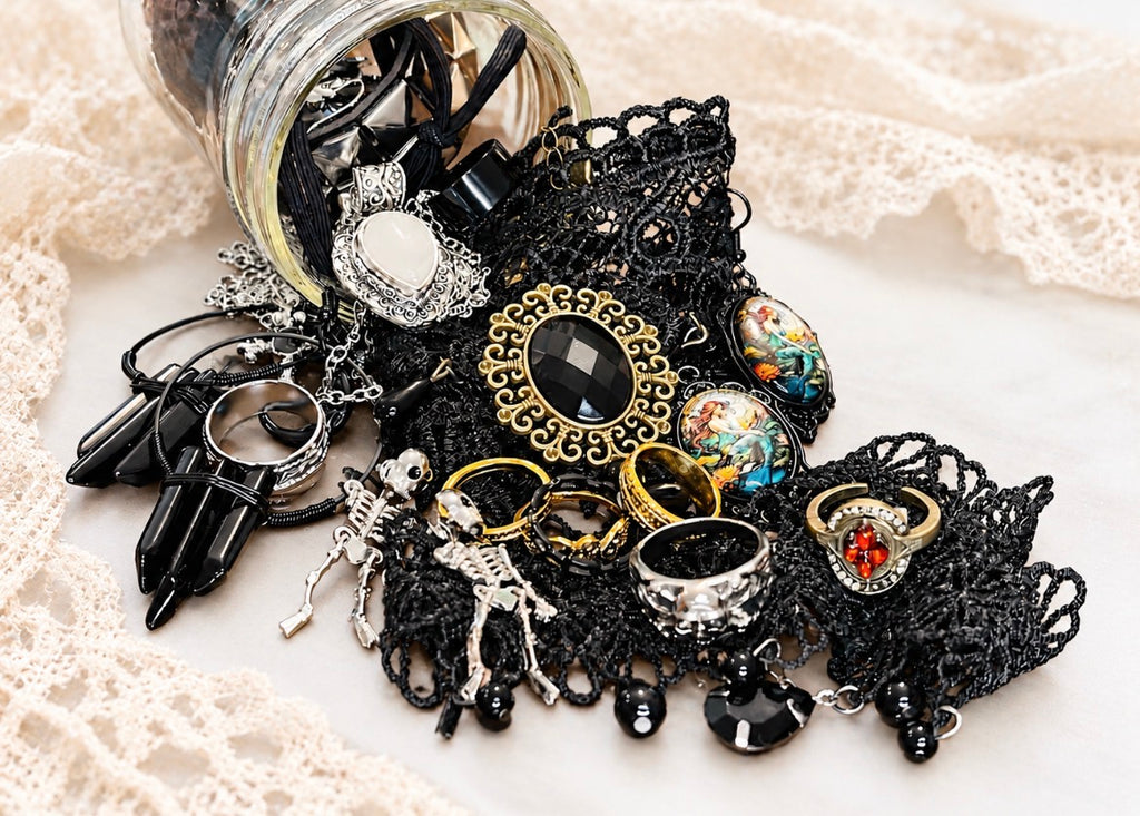 Dark Goddess medium mystery jewelry jar with goth and mythology jewelry