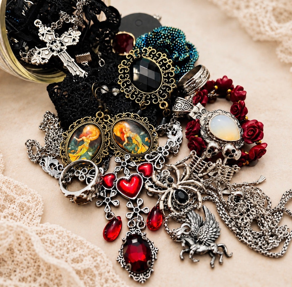 Dark Goddess large mystery jewelry jar with goth and mythology jewelry