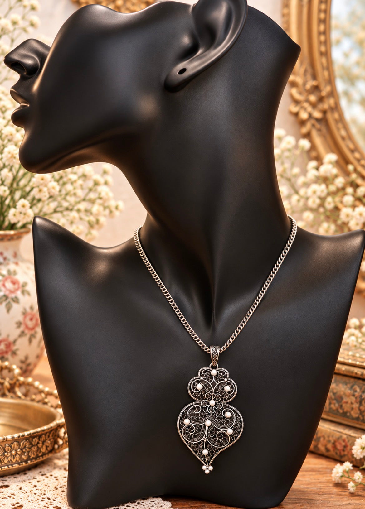 Ornate silver-tone filigree pendant necklace with faux pearls