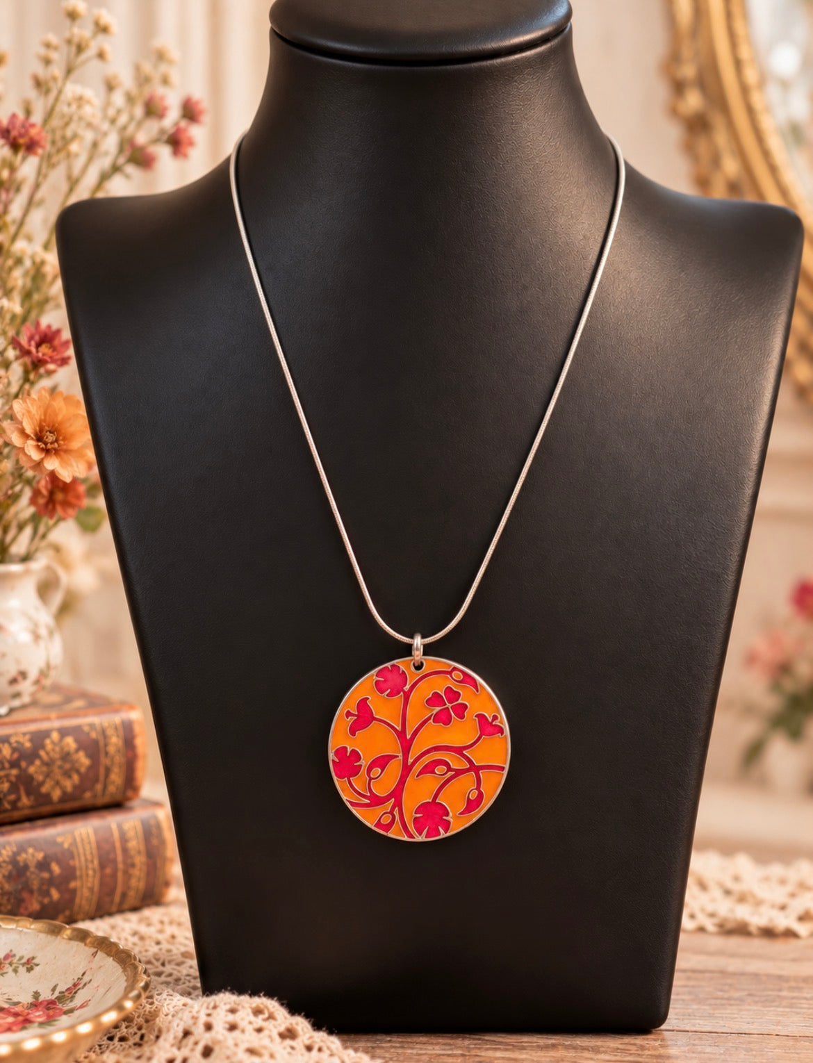Orange enamel floral statement necklace