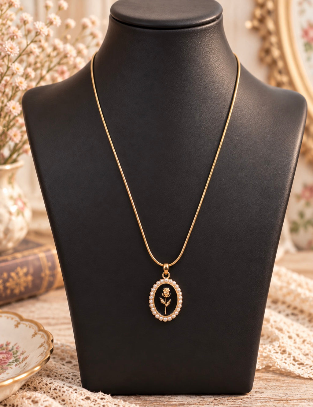 Black rose cameo necklace with faux pearl border