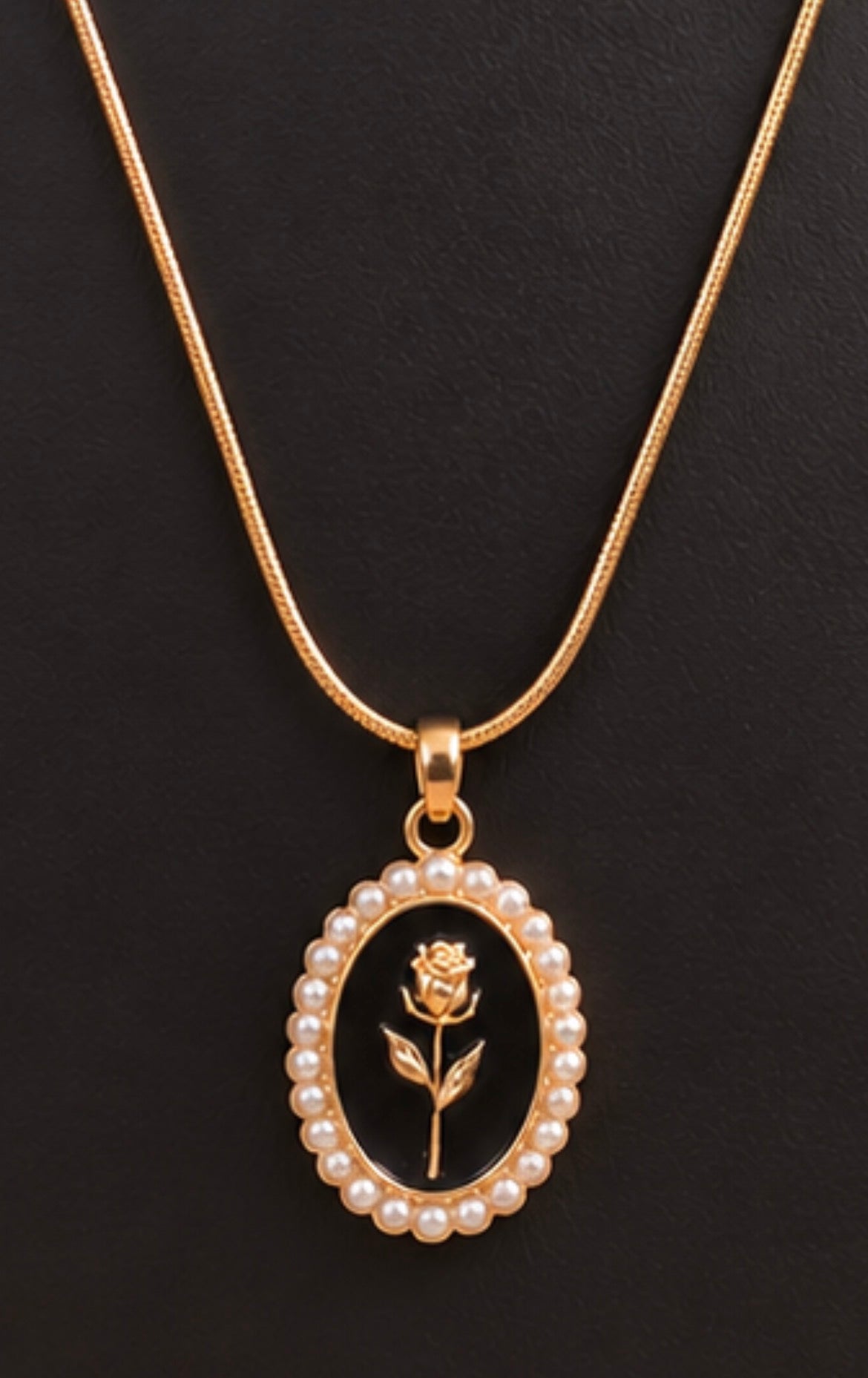 Black rose cameo necklace with faux pearl border, view 2