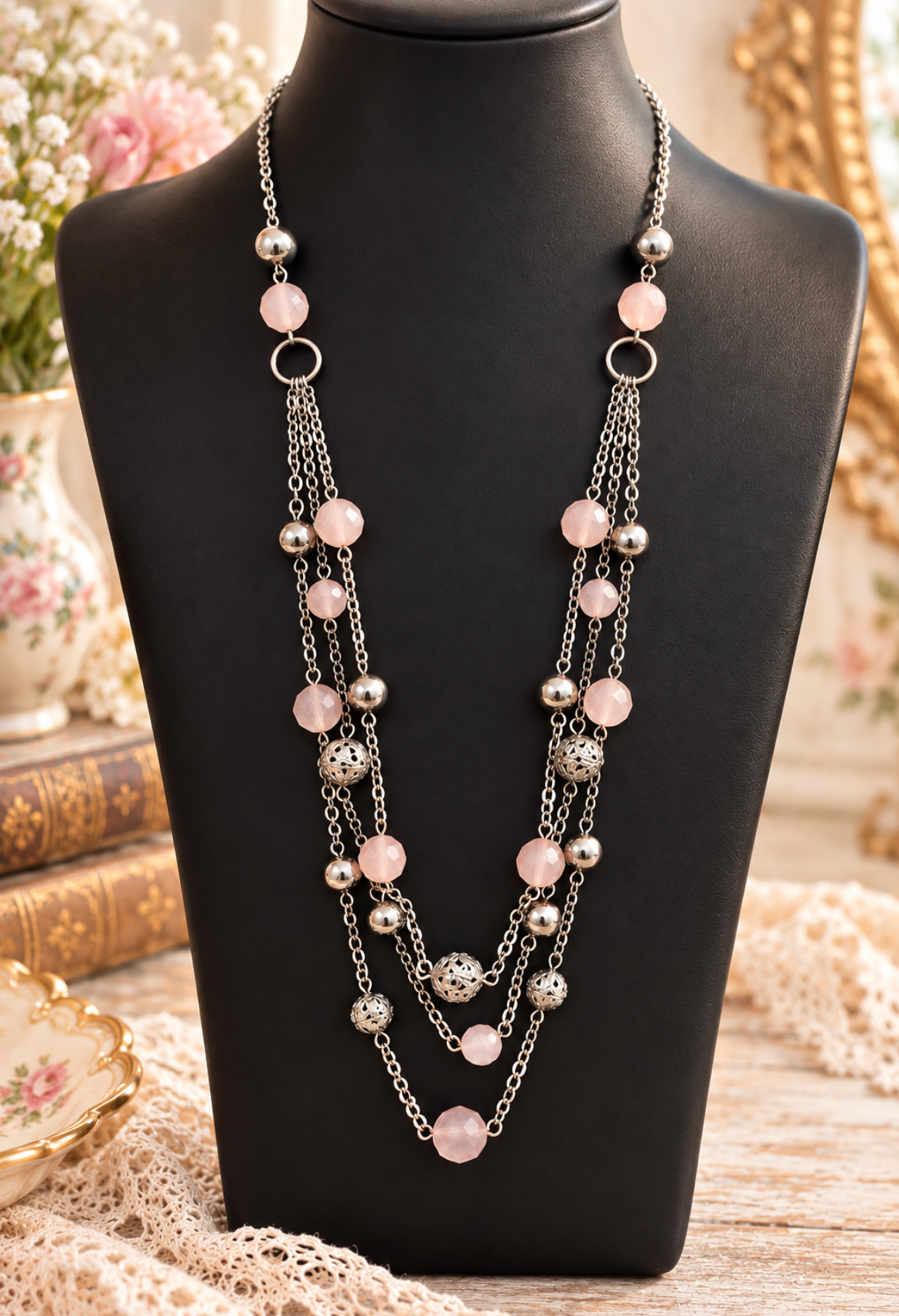 Blush pink bohemian multi-strand necklace