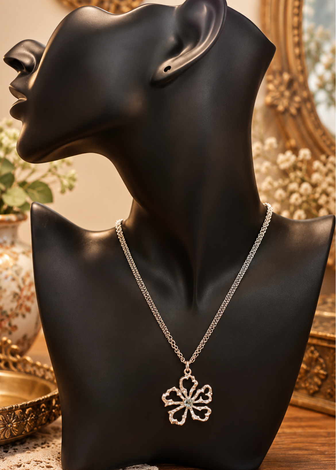 Silver-tone openwork blossom pendant necklace with aqua stone