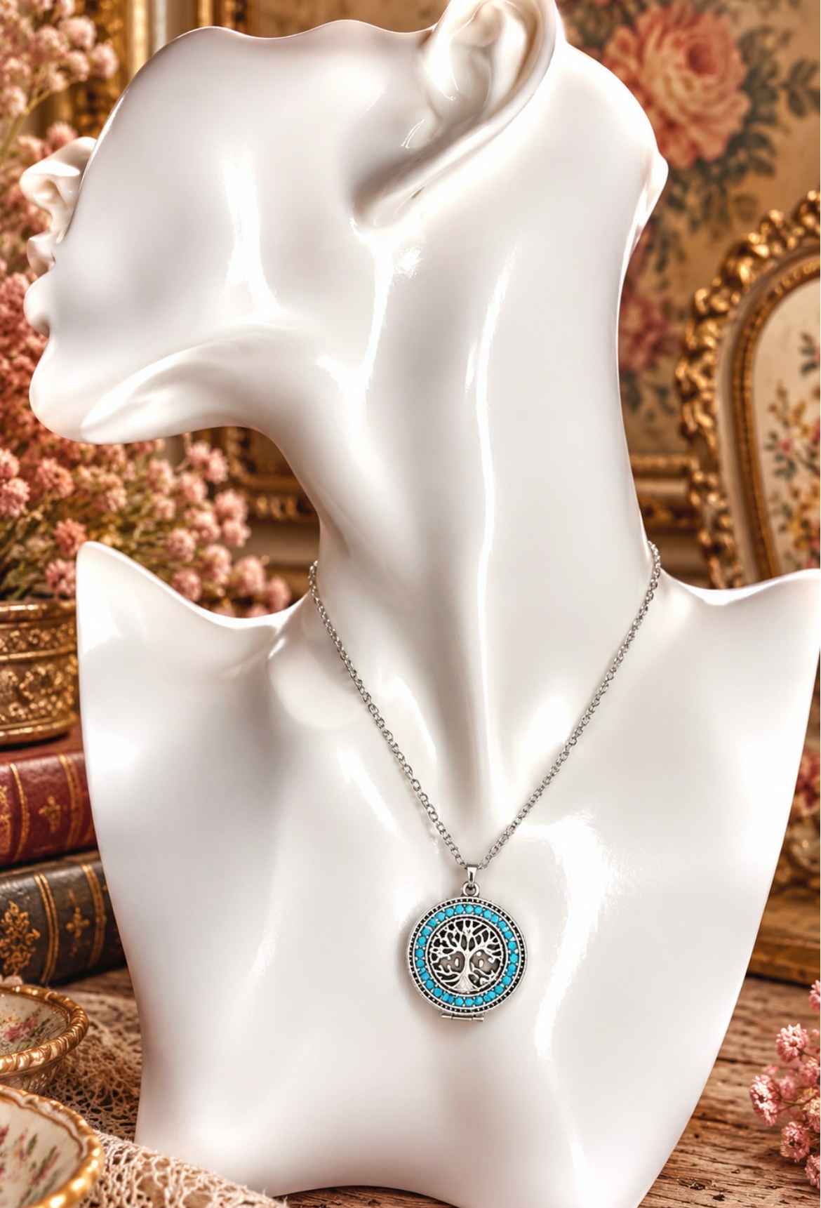 Tree of Life turquoise keepsake locket necklace in silver tone