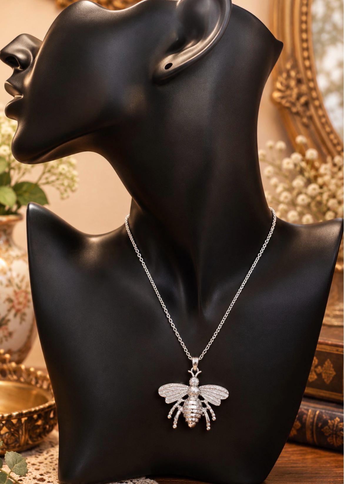 Silver-tone statement bee pendant necklace