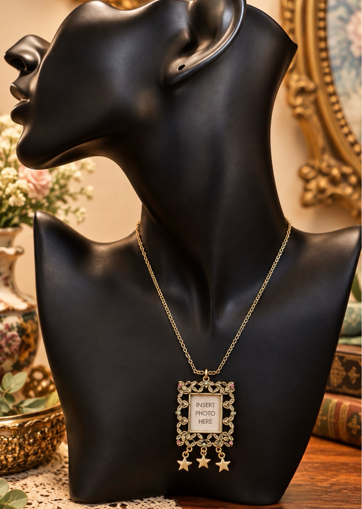 Gold-tone photo frame pendant necklace with star charms