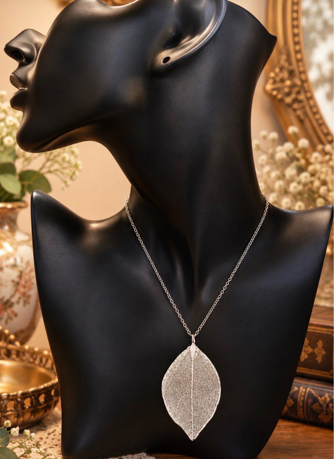 Silver-tone skeleton leaf pendant necklace