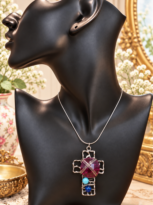 Wire-wrapped cross pendant necklace with magenta stone