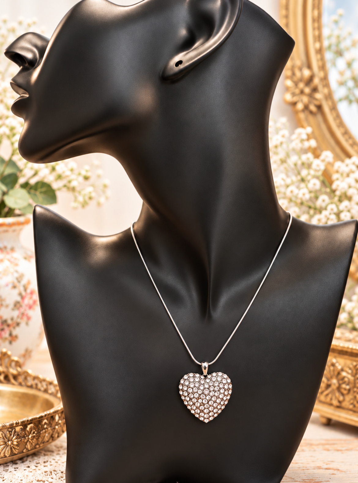 Crystal pave heart pendant necklace on snake chain
