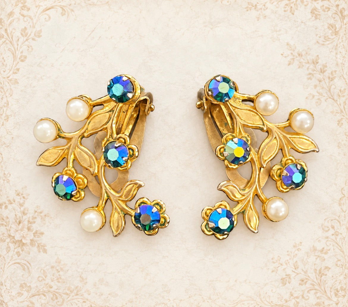 Vintage Aurora Borealis Rhinestone & Faux Pearl Botanical Clip-On Earrings