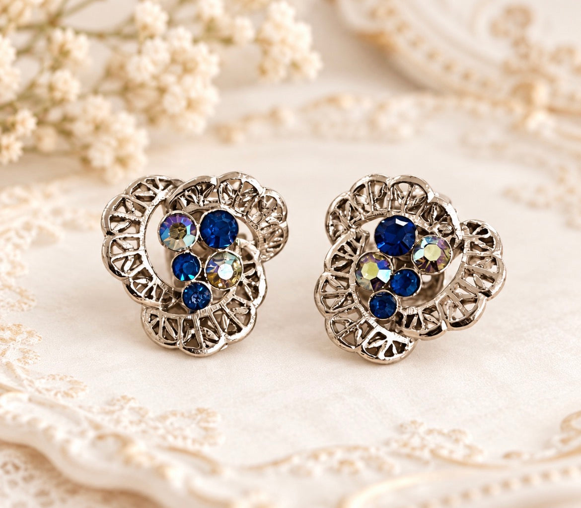 Vintage Sapphire Blue & Aurora Borealis Rhinestone Filigree Clip-On Earrings