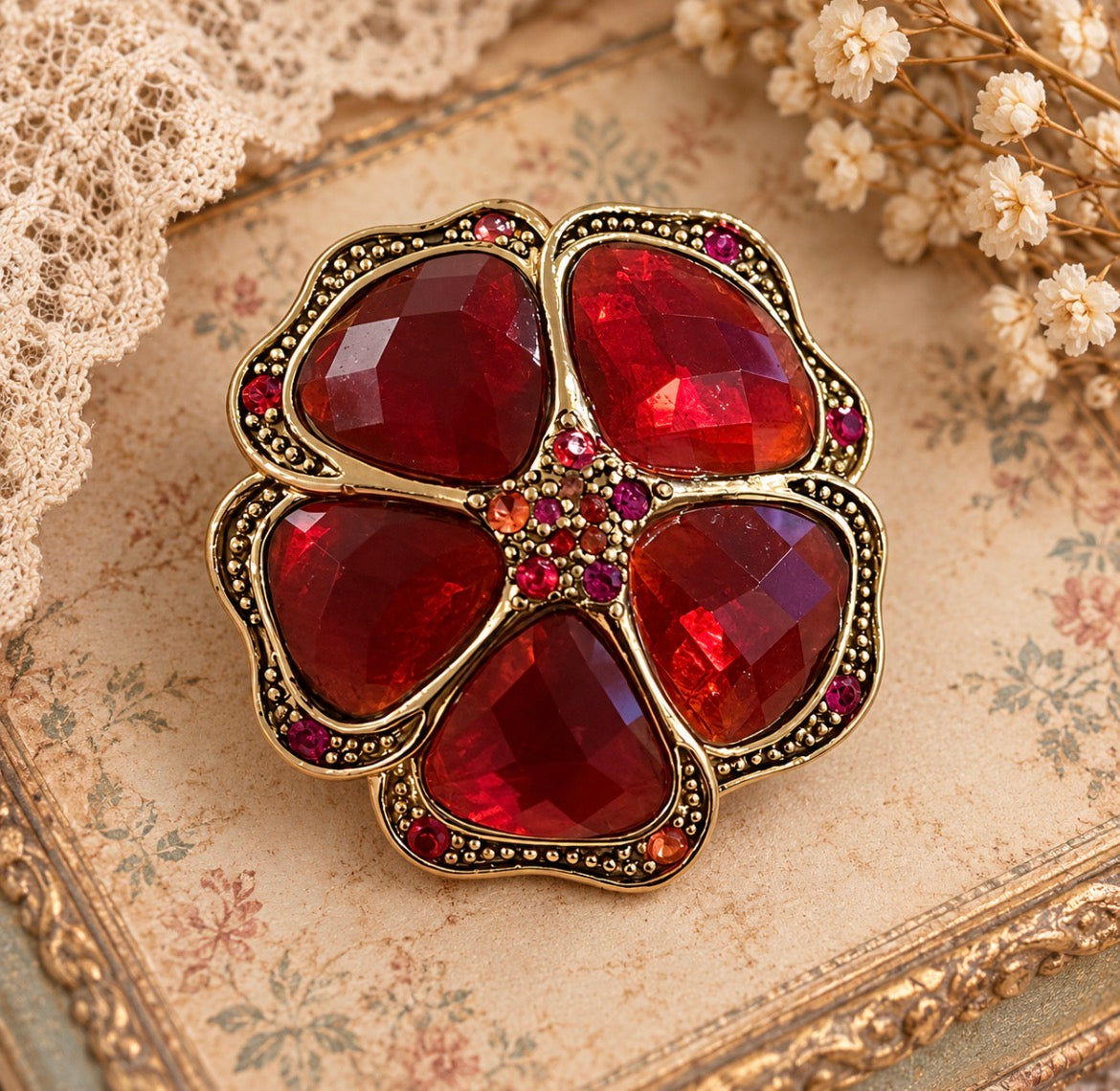 Liz Claiborne Red Faceted Glass Flower Brooch
