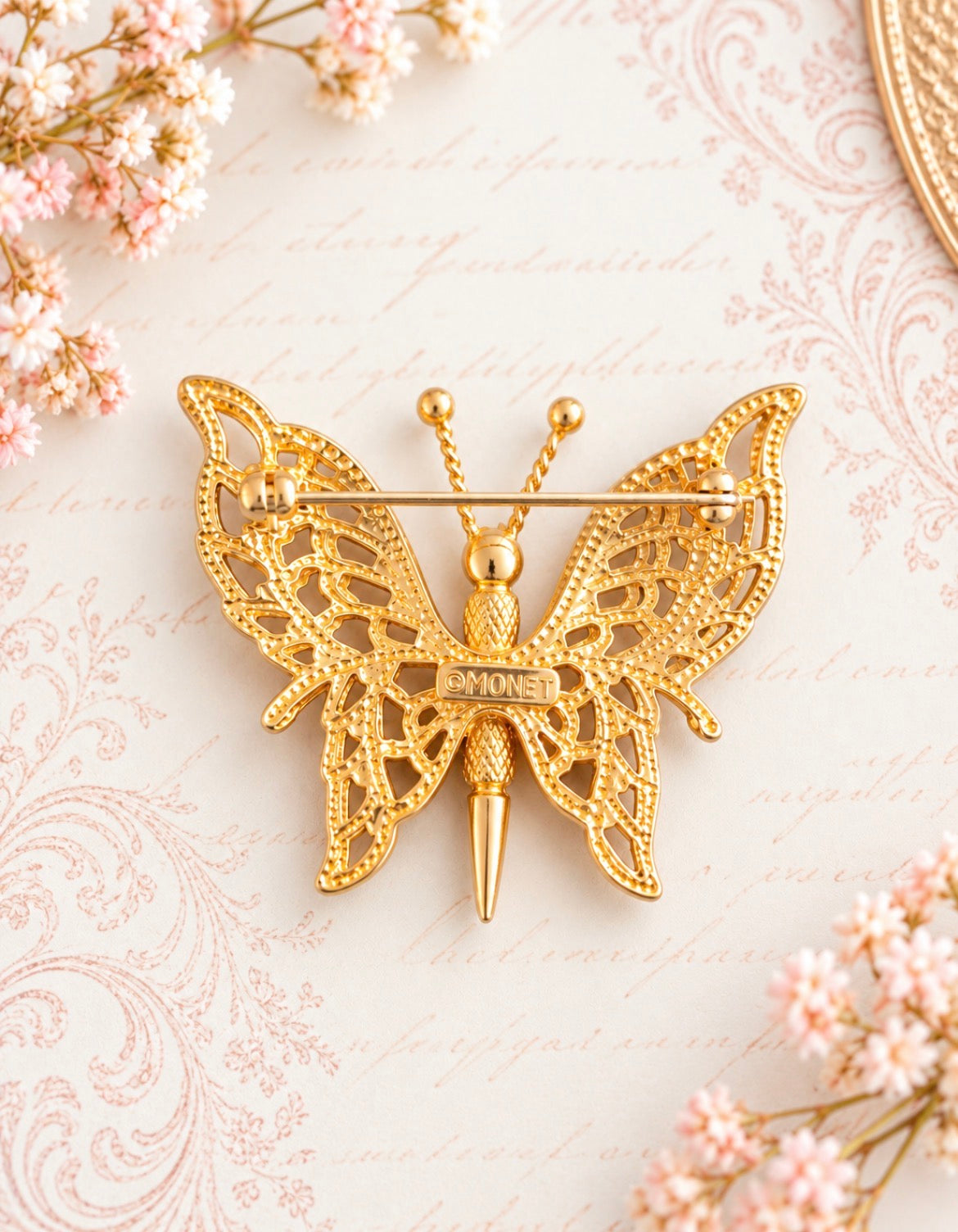 Vintage Monet Gold-Tone Filigree Butterfly Brooch, view 2