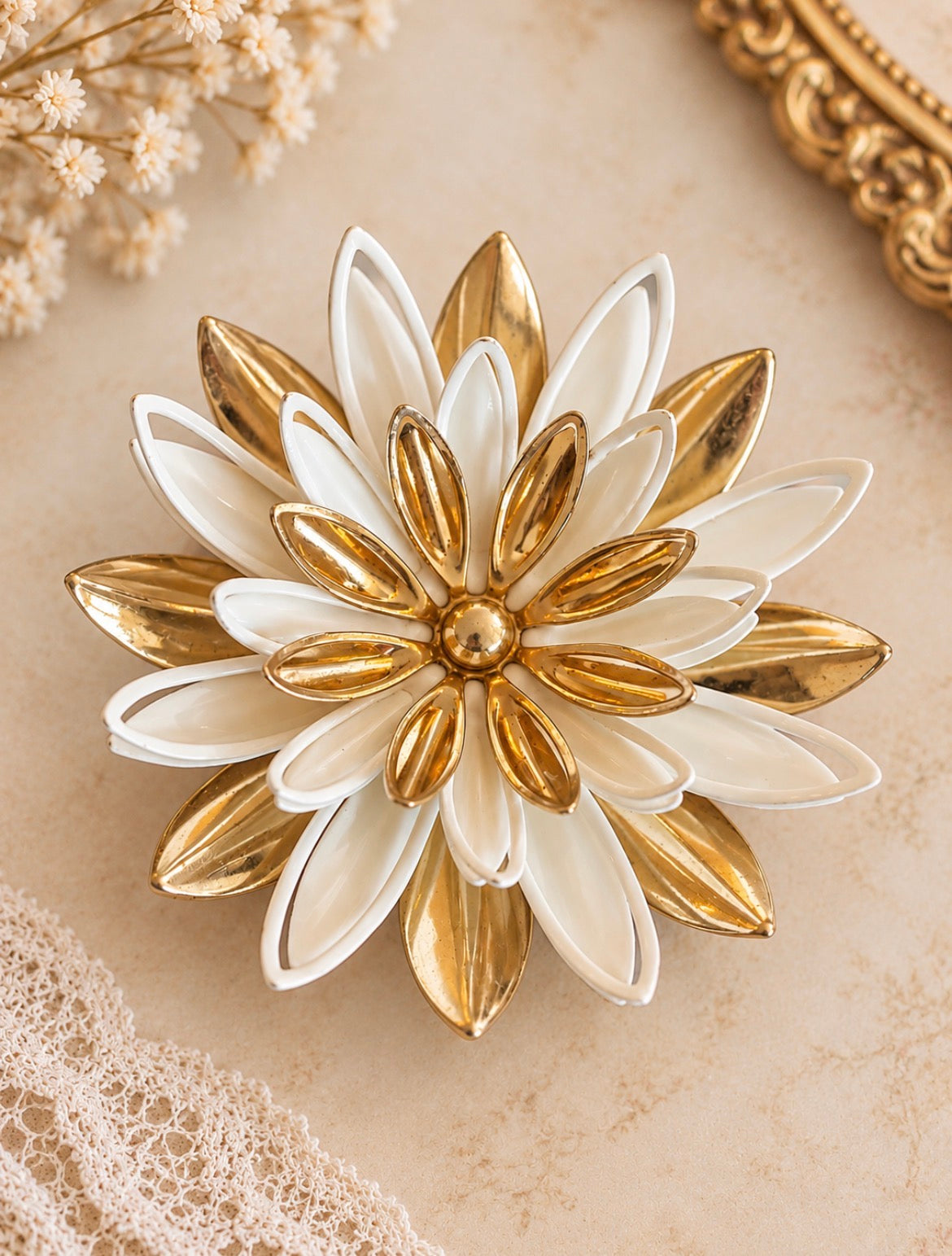 Vintage Sarah Coventry White Enamel & Gold-Tone Layered Floral Brooch
