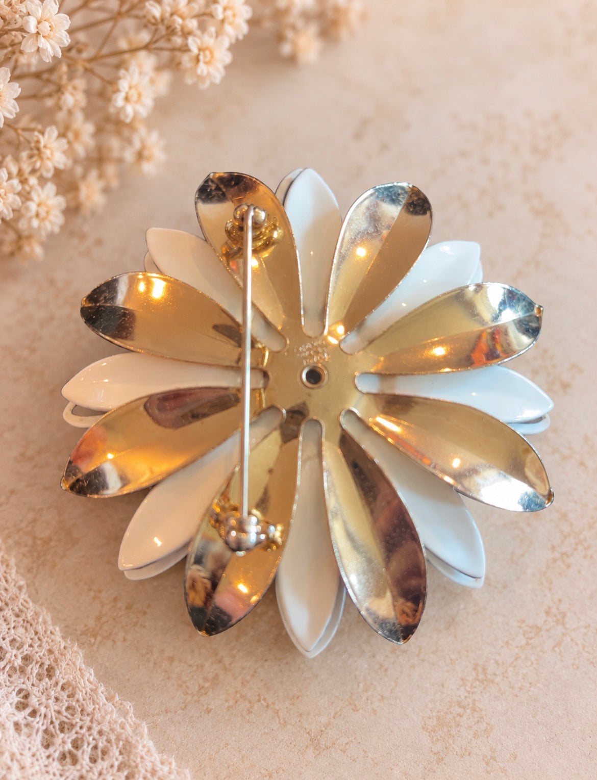 Vintage Sarah Coventry White Enamel & Gold-Tone Layered Floral Brooch, view 2