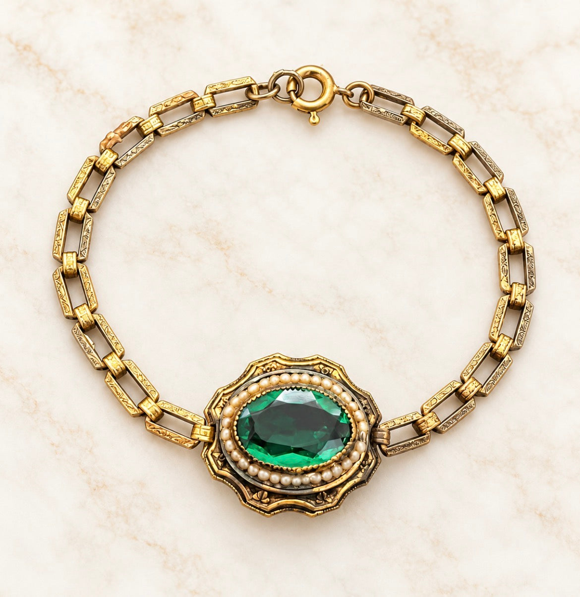 Antique Art Deco Emerald Green Glass & Seed Pearl Bracelet