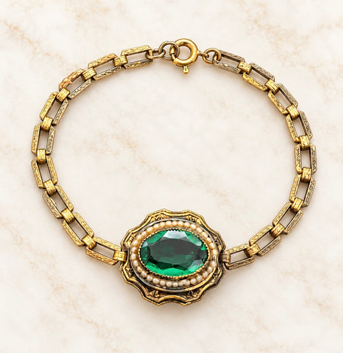 Antique Art Deco Emerald Green Glass & Seed Pearl Bracelet