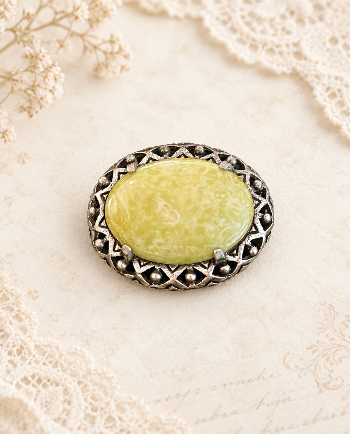 Vintage Miracle Natural Green Stone Cabochon Brooch