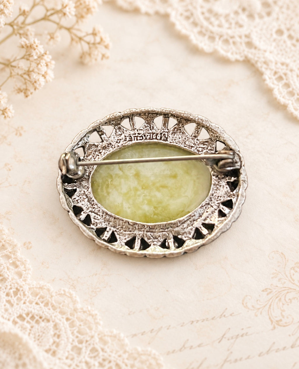 Vintage Miracle Natural Green Stone Cabochon Brooch, view 2