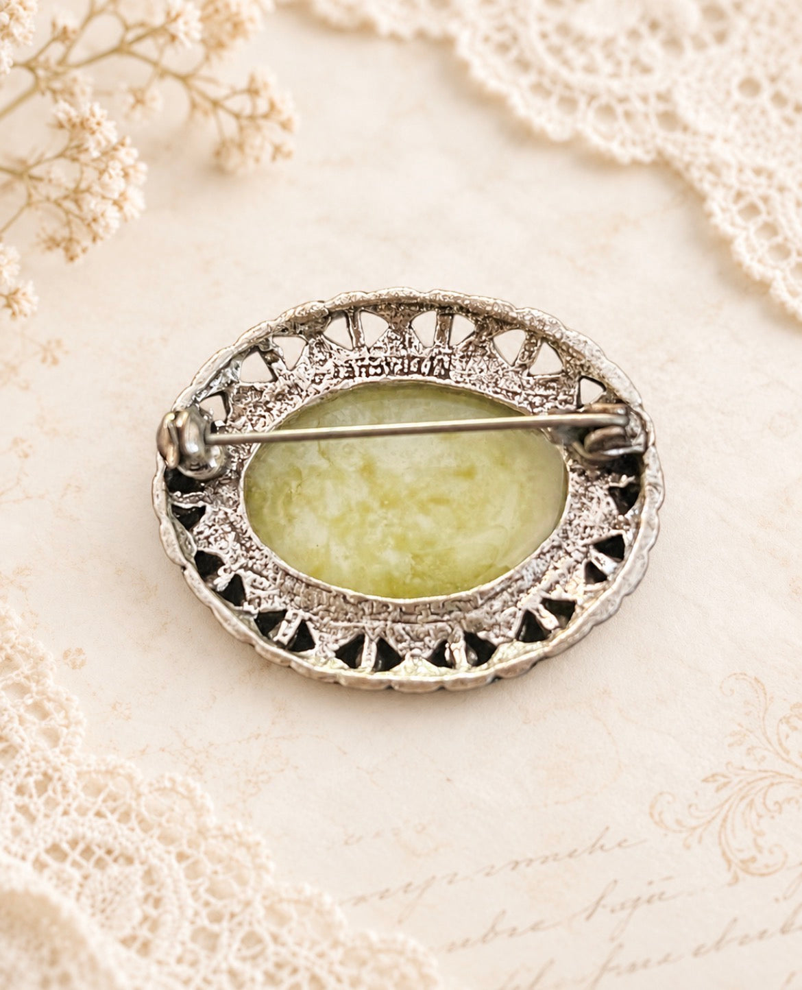 Vintage Miracle Natural Green Stone Cabochon Brooch, view 2