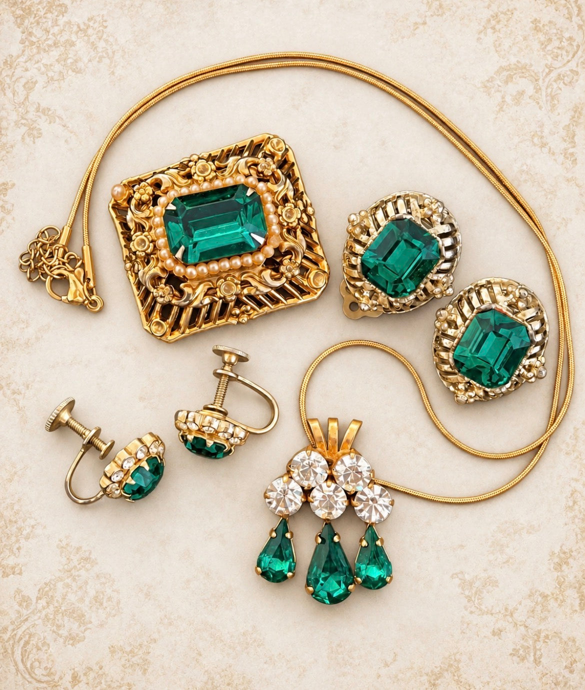Vintage Signed Coro Emerald Green Rhinestone Collection