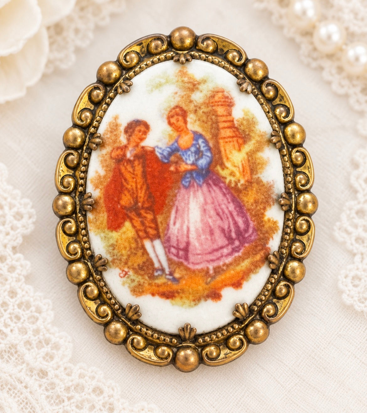 Vintage Fragonard-Style Porcelain Courting Couple Brooch