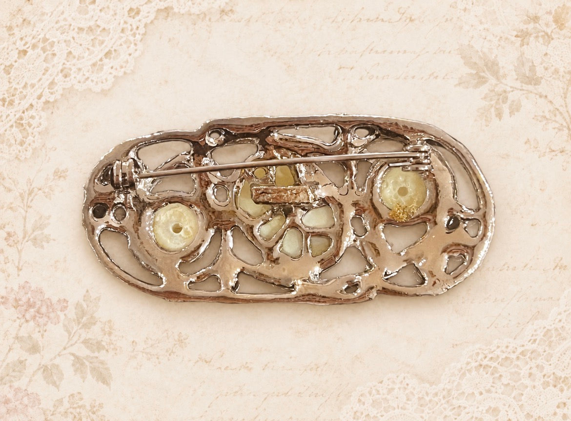 Vintage Silver-Tone Faux Pearl & Rhinestone Openwork Bar Brooch, view 2