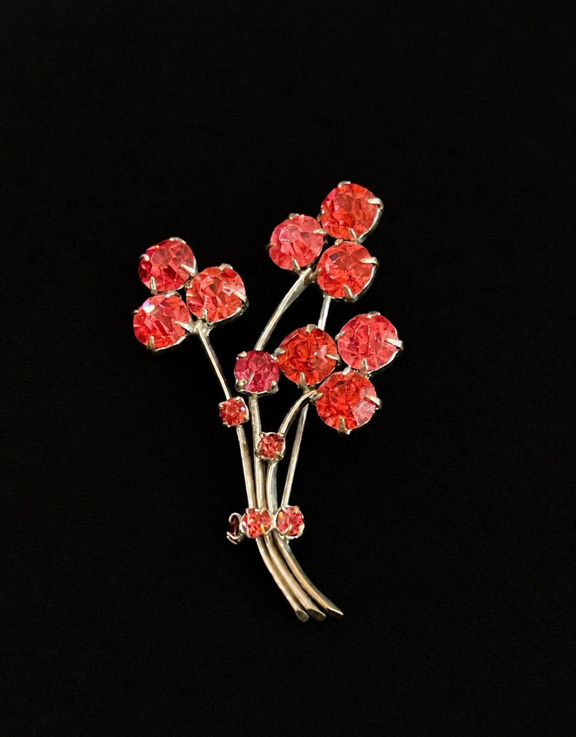 Vintage 1950s–60s Red Rhinestone Floral Spray Brooch