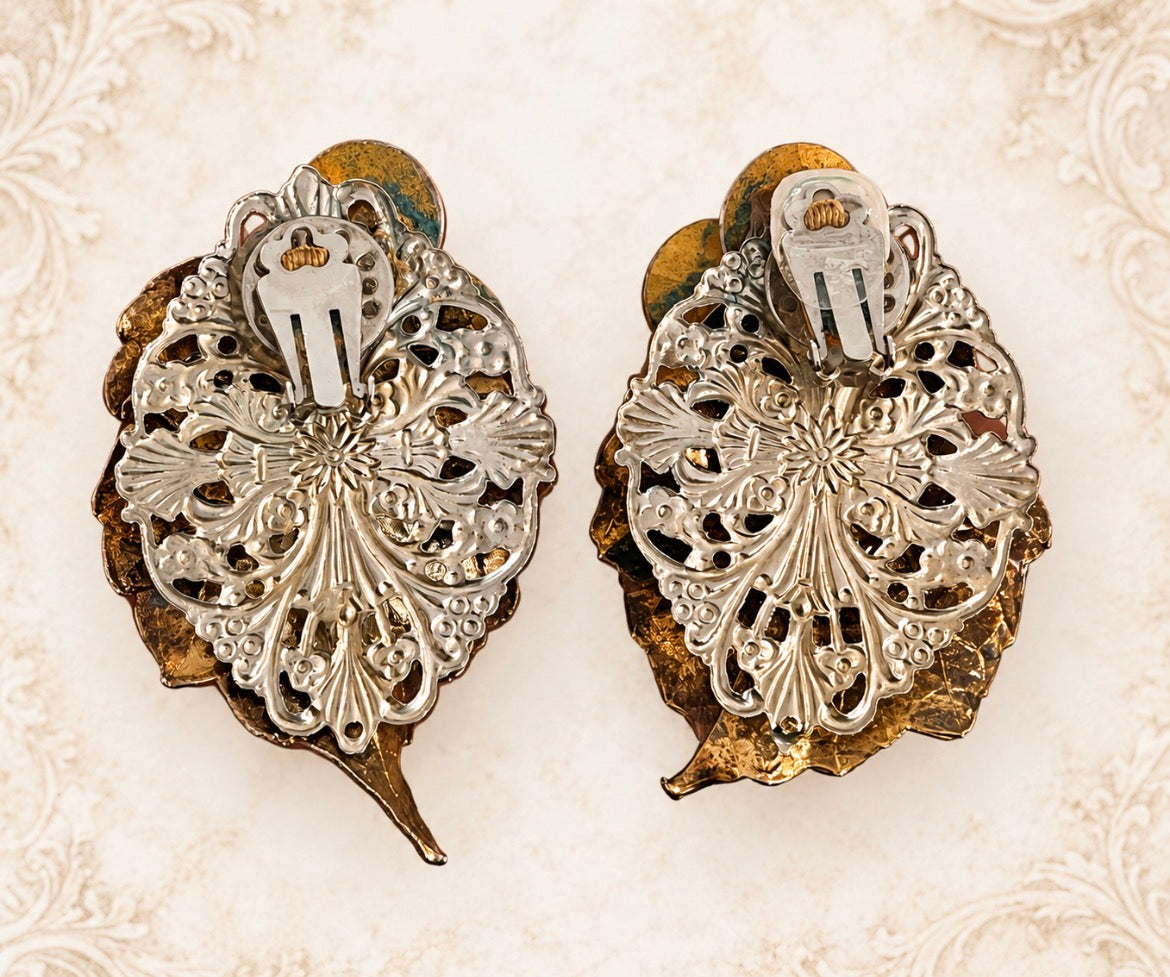 Vintage Gilded Leaf & Crystal Statement Clip-On Earrings, view 2