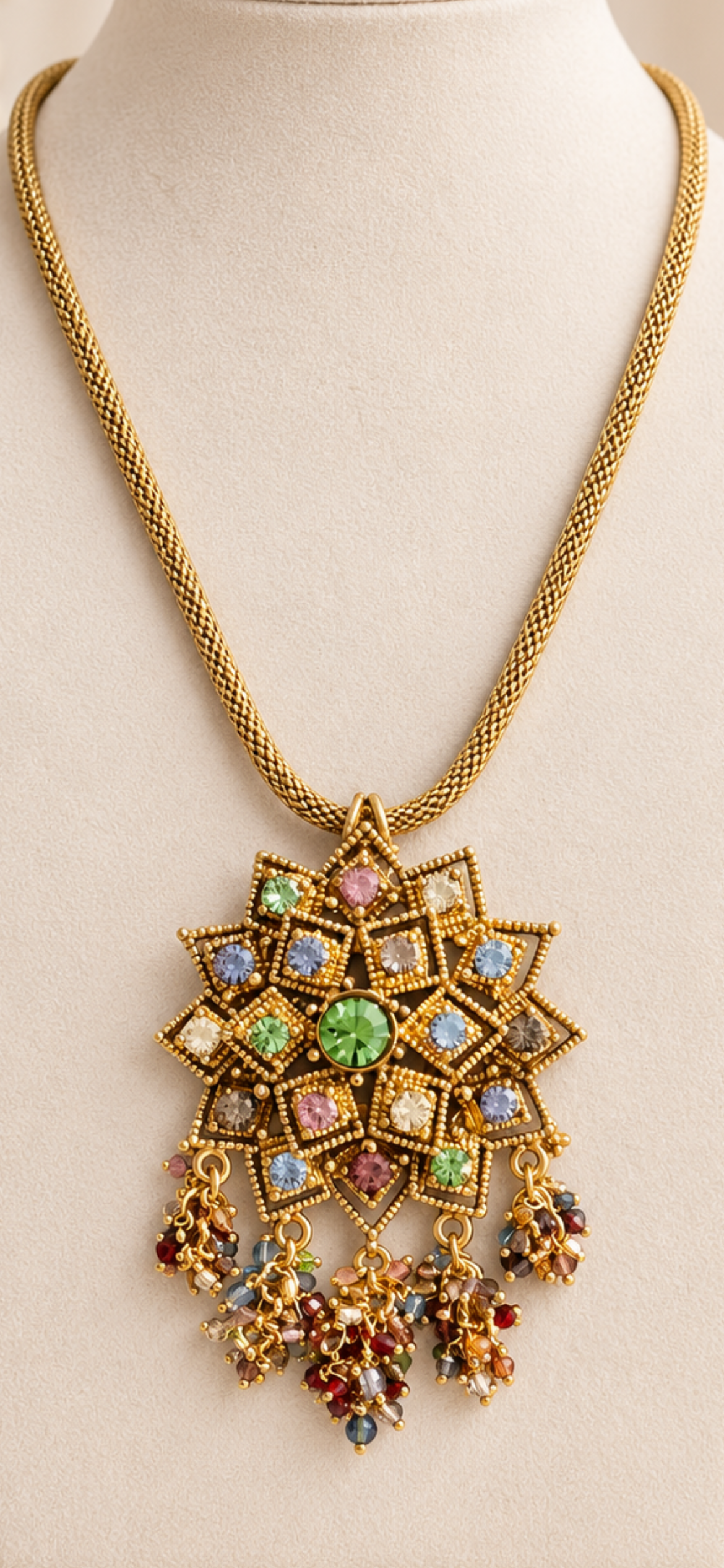 Vintage Gold-Tone Multicolour Rhinestone Statement Pendant Necklace, view 2