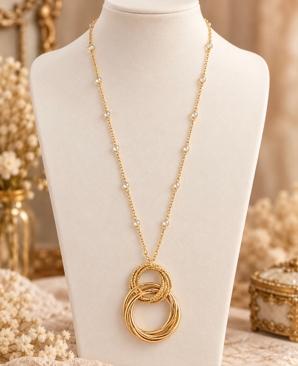 Gold-Tone Crystal Station Necklace with Interlocking Ring Pendant
