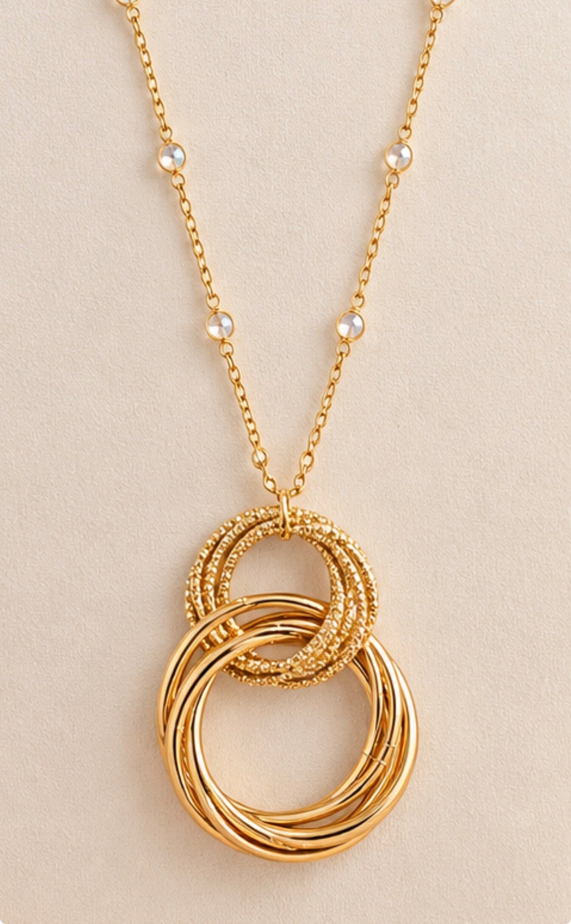 Gold-Tone Crystal Station Necklace with Interlocking Ring Pendant, view 2
