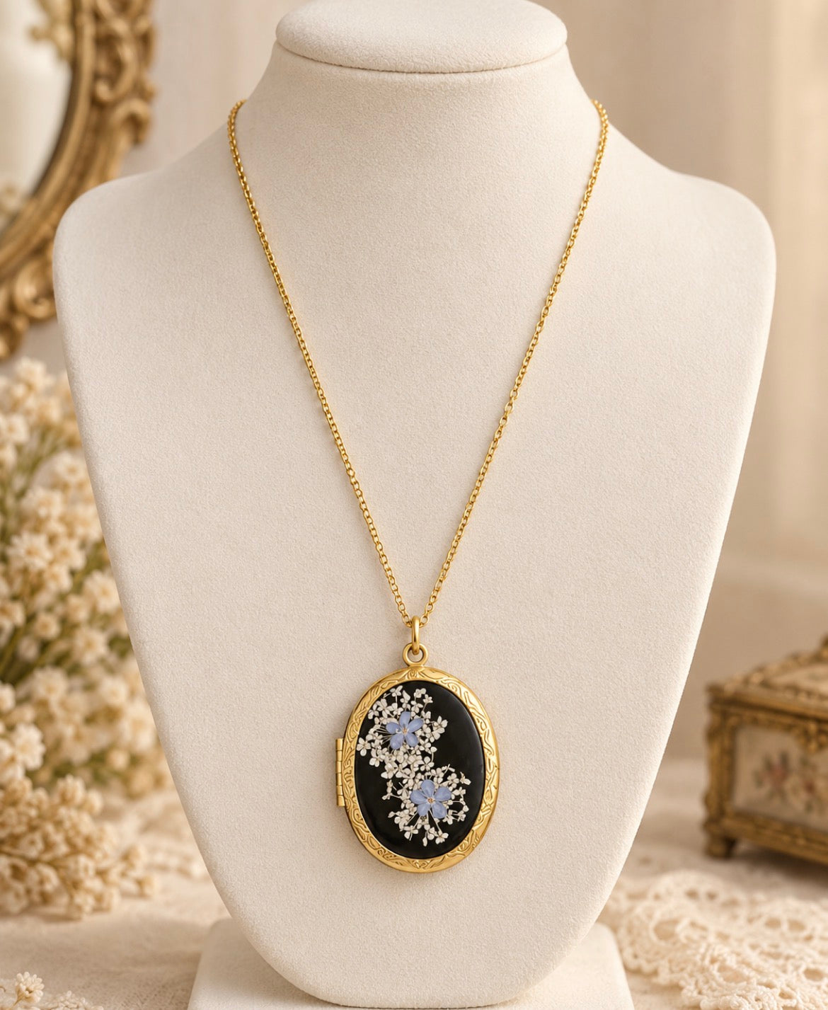 Vintage Black Floral Locket Necklace with Blue & White Flowers