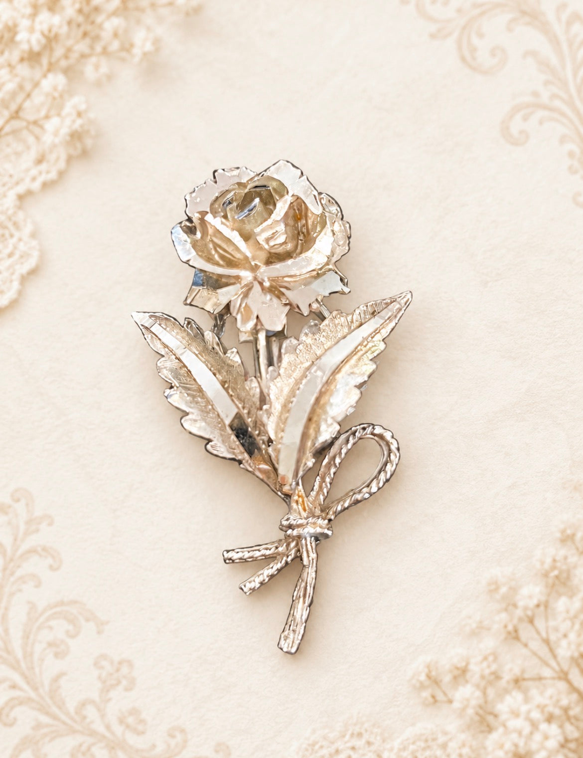 Vintage Coro Silver-Tone Dimensional Rose Brooch