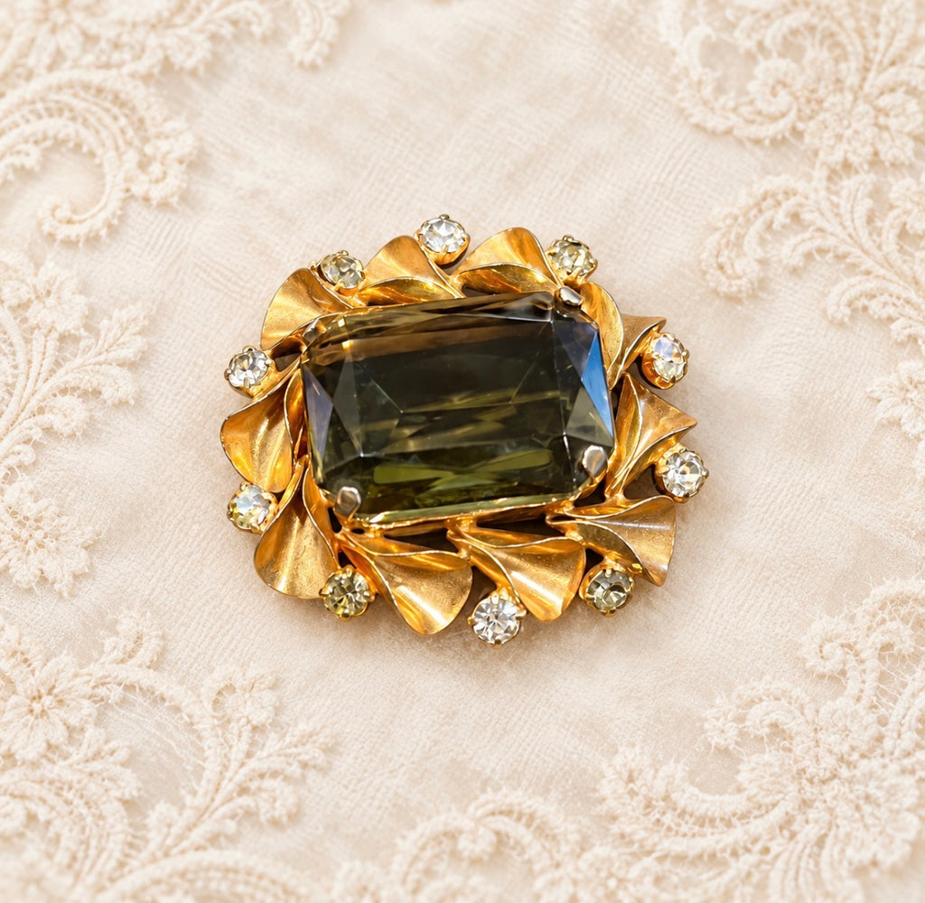 Vintage Mid-Century Smoky Olive Glass & Rhinestone Brooch