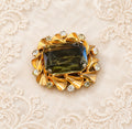 Vintage Mid-Century Smoky Olive Glass & Rhinestone Brooch