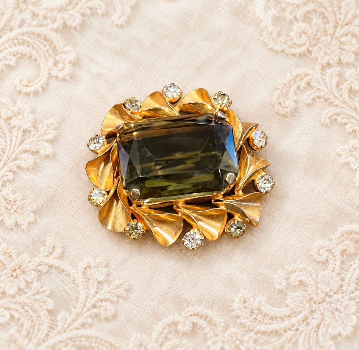Vintage Mid-Century Smoky Olive Glass & Rhinestone Brooch