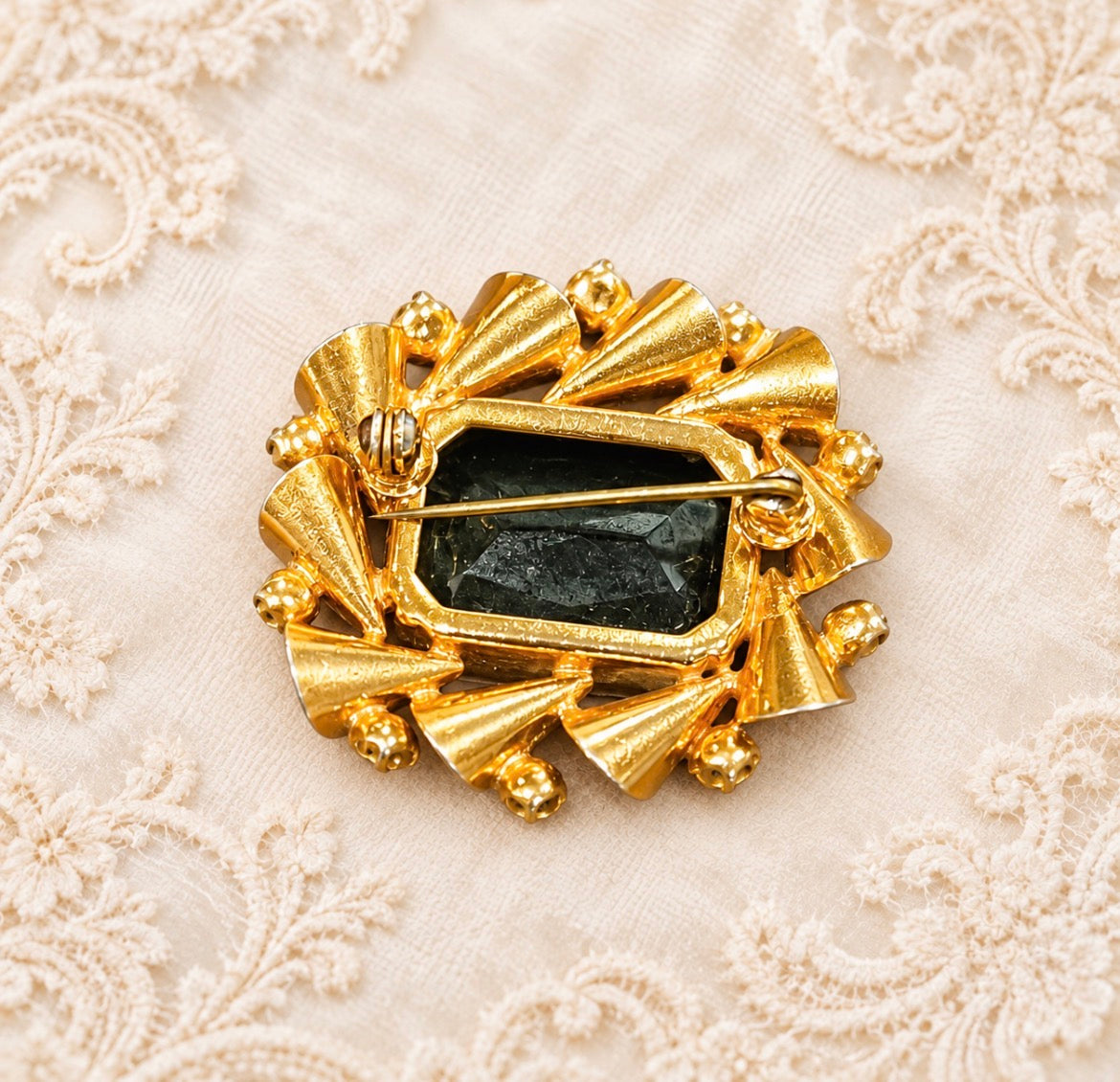 Vintage Mid-Century Smoky Olive Glass & Rhinestone Brooch, view 2