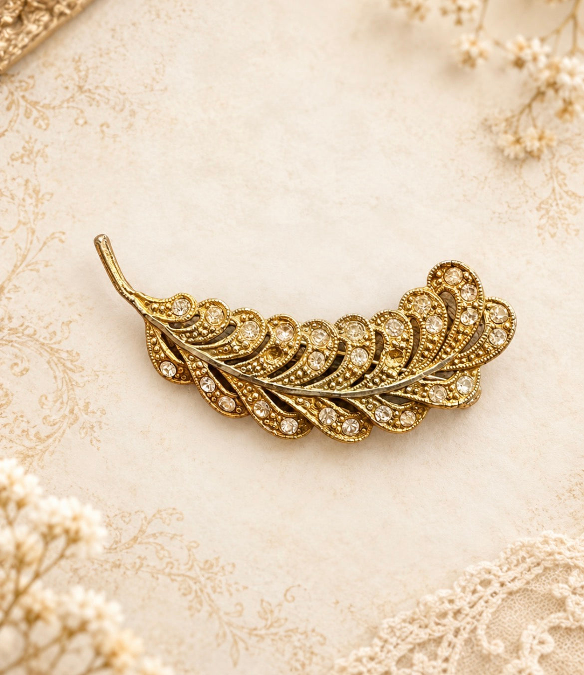 Vintage Gold-Tone Rhinestone Feather Leaf Brooch